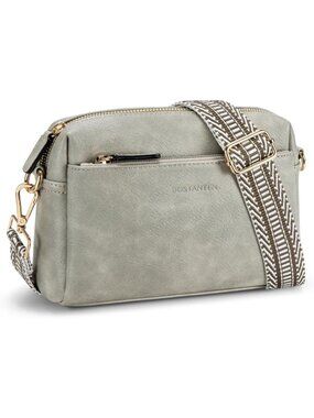 Women's Grey Leather Triple Zip Crossbody Bag Purse with Colored Shoulder Strap